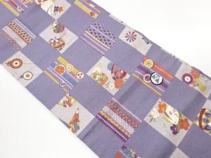 金彩格子にうさぎ・玩具・古典柄模様名古屋帯